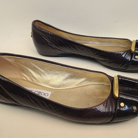 Jimmy Choo Dark Purple Patent Leather Ballet Flats EU 37.5 Gold Tone Buckle - Picture 4 of 16